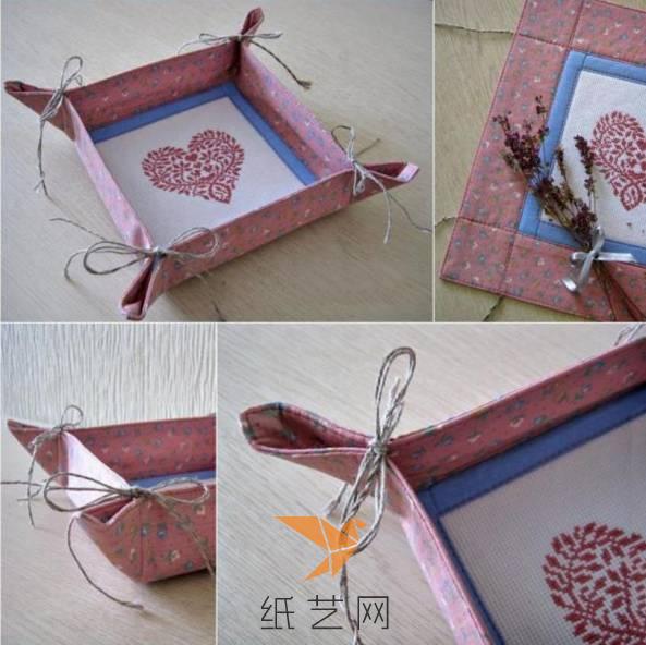 我们将四个角用绳子扎好,就可以变成一个立体的布艺收纳盒啦,这样多制作几个就可以凑成一整套来作为礼物了哟。