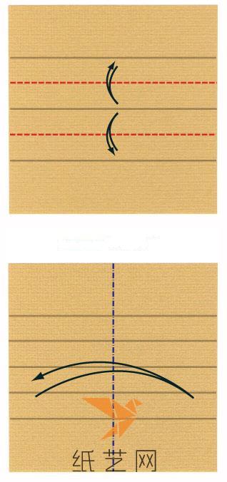 再来将这三条折痕分别对折，继续将左右的部分向后对折